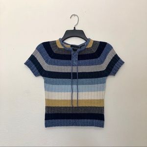 VINTAGE Soft Blue Striped Lace Up Shirt